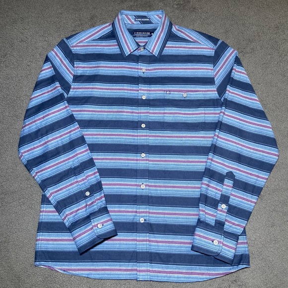 Fish Hippie Shirt Mens M Blue Red Striped Flannel Collection Flannel Button Up - Picture 1 of 16